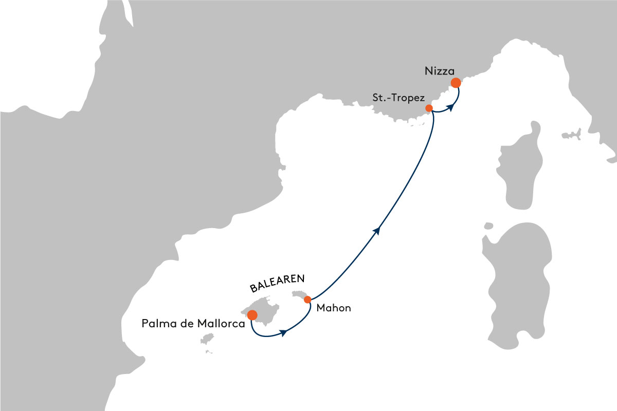 MS EUROPA EUR2222 Auszeit zwischen Hotspot und Geheimtipp - von Palma de Mallorca bis Nizza - Routenbild
