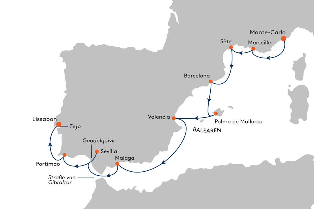 MS EUROPA EUR2225 Sommerhoch2 Aktion - von Monte-Carlo nach Lissabon - Routenbild