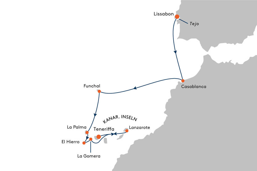 MS EUROPA EUR2226 Sommerhoch2 Aktion - von Lissabon nach Teneriffa  - Routenbild