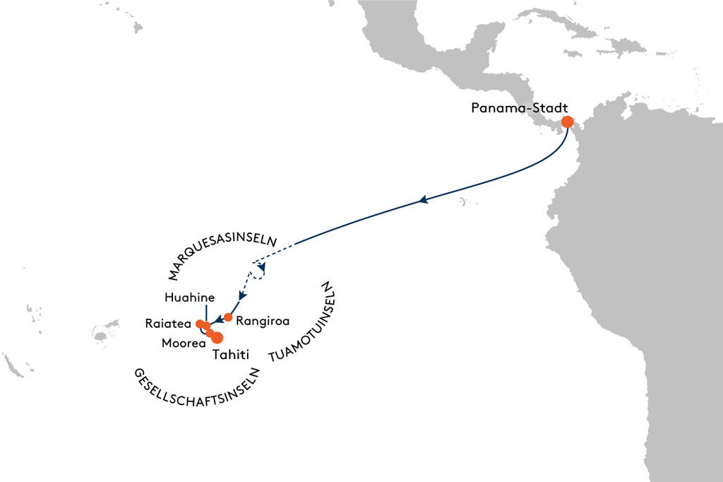 MS EUROPA EUR2302 Ozeanien zum Träumen - von Panama-Stadt nach Tahiti - Routenbild