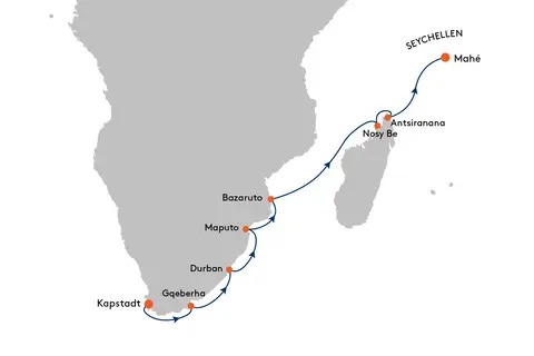 MS EUROPA EUR2582 15% Ermigung: Faszination Afrika: Wildnis, Wste und Safari - von Kapstadt nach Victoria (Seychellen) - Routenbild
