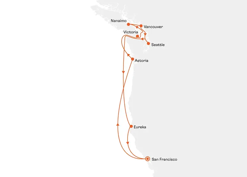 MS EUROPA EUR2704 20% Erm��igung (SILBER-Tarif) - Kalifornischer Lifestyle trifft auf kanadische Lebensfreude - Routenbild