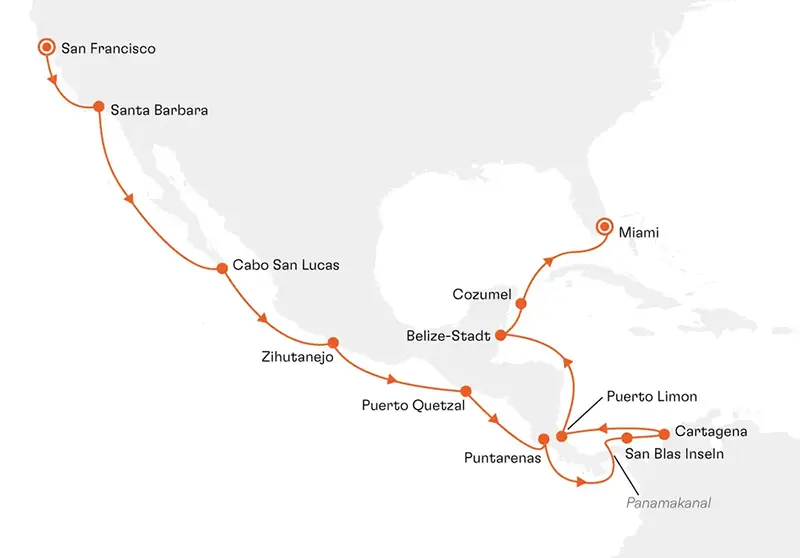 MS EUROPA EUR2705 20% Erm��igung (SILBER-Tarif) - Faszination Mittelamerika - Routenbild