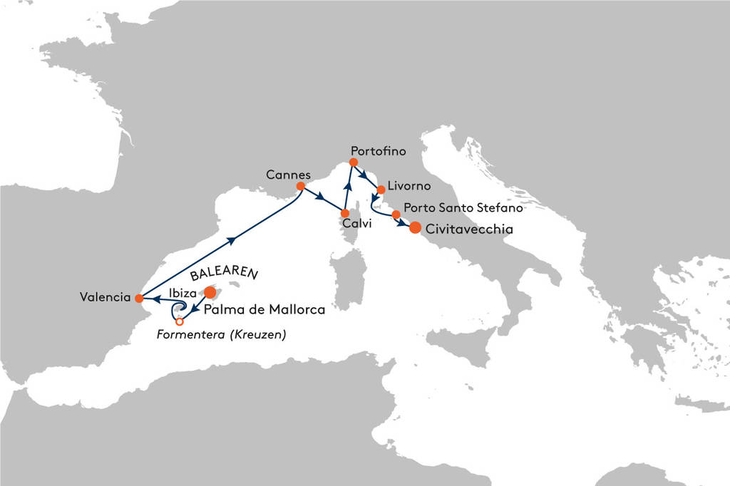MS EUROPA 2 EUX2219 Sommerhoch2 Aktion - von Mallorca nach Civitavecchia (Rom) - Routenbild