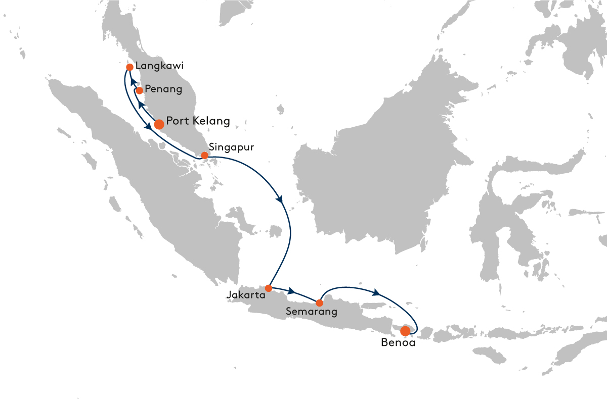 MS EUROPA 2 EUX2229 von Port Kelang (Kuala Lumpur) nach Benoa (Bali)  - Routenbild