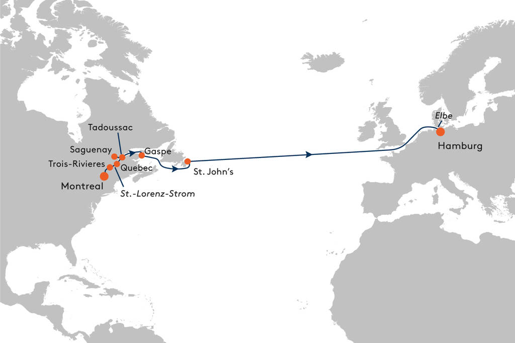 MS EUROPA 2 EUX2409 Sommerhoch2 - Kanadische Kontraste und die Weite des Atlantiks - Routenbild
