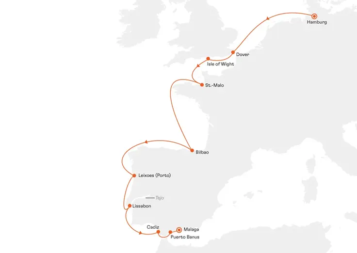 MS EUROPA 2 EUX2616 20% Erm��igung (Silber-Tarif) - Von der Elbe bis ins Mittelmeer - Routenbild
