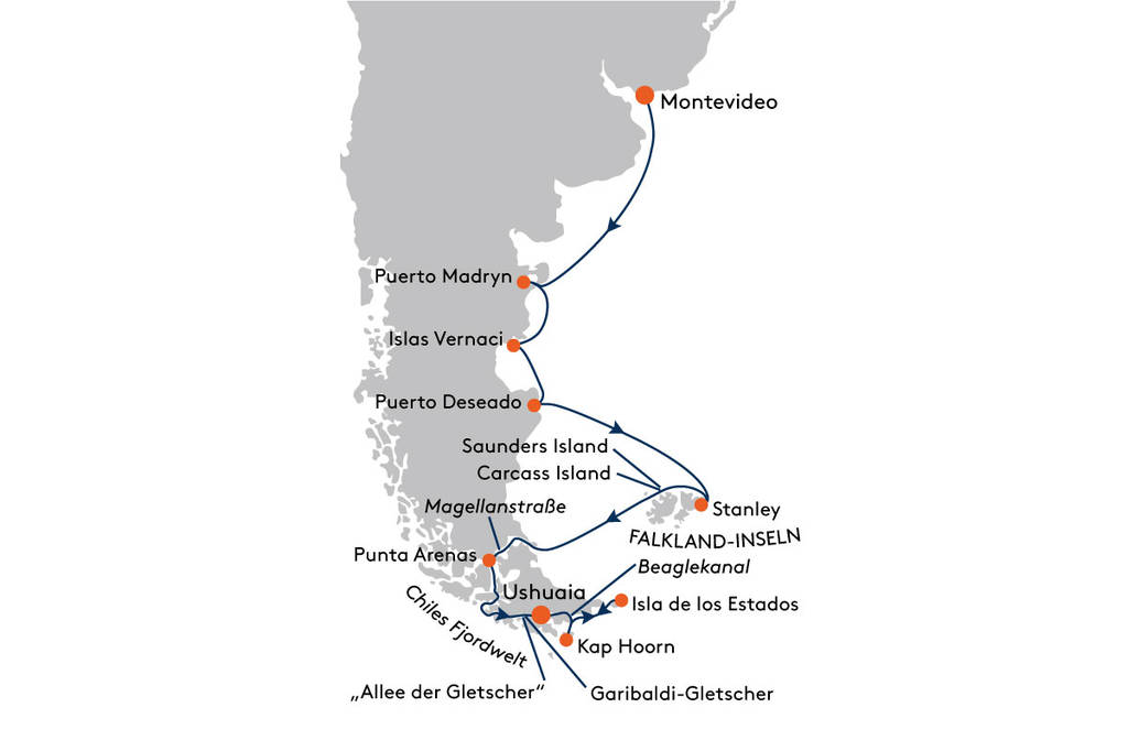 HANSEATIC inspiration INS2220 Expedition Patagonien und Feuerland - Bilderbuchwelt für Naturliebhaber - Routenbild