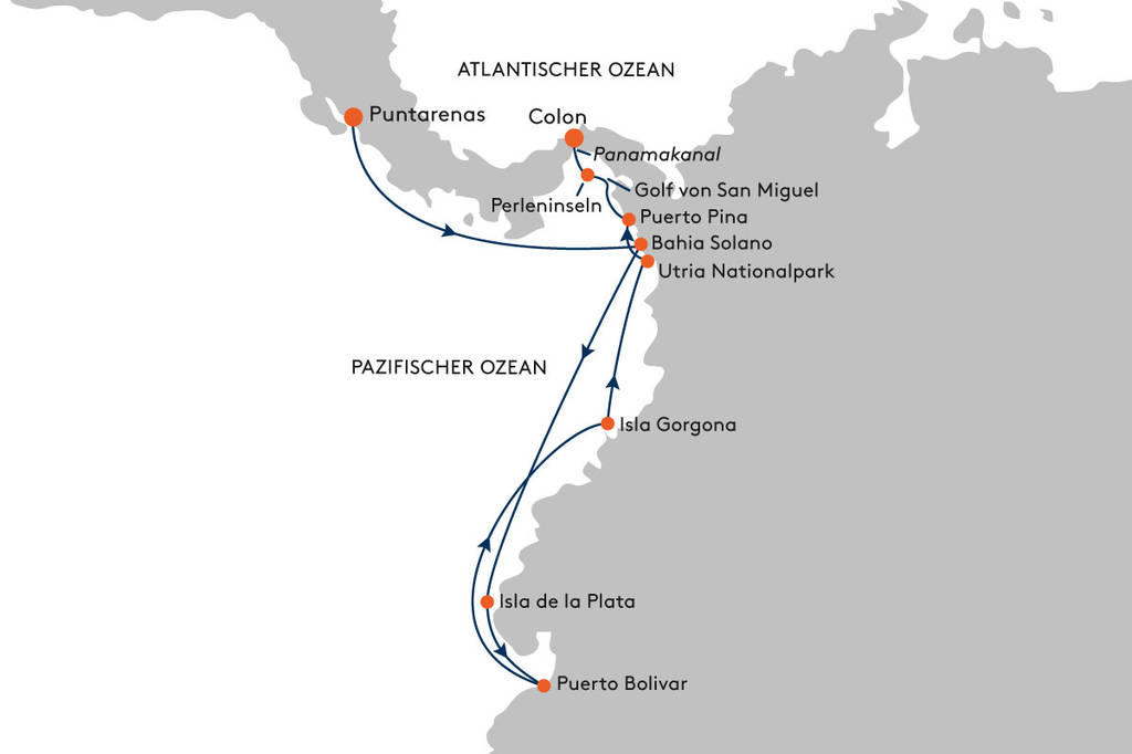 HANSEATIC inspiration INS2307 Einzelreisende-Special: Expedition Süd- und Mittelamerika mit Panamakanal - Routenbild