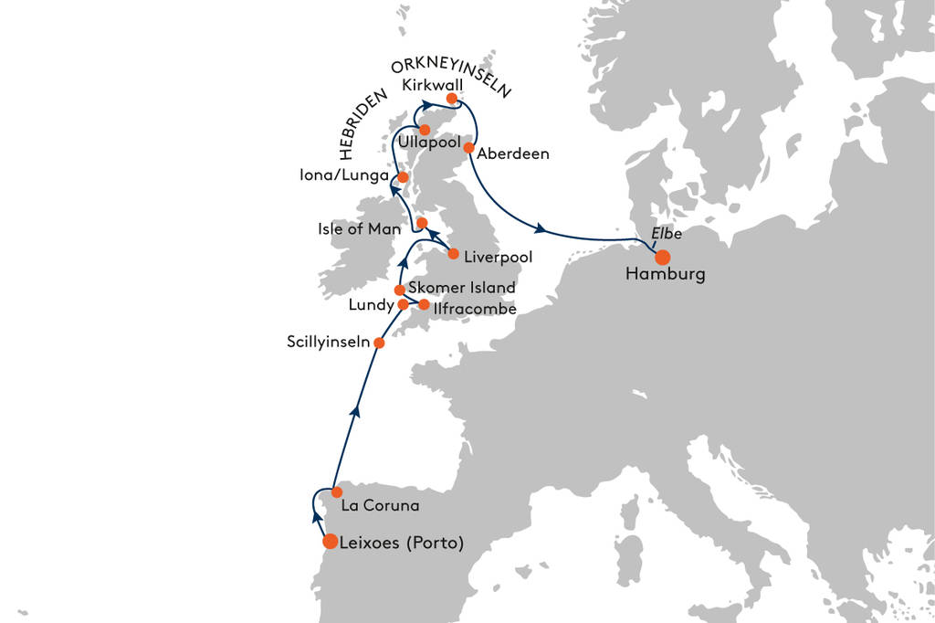 HANSEATIC inspiration INS2408 Expeditionhoch3 - Expedition Rund um Grobritannien - Im Knigreich der Kontraste - Routenbild