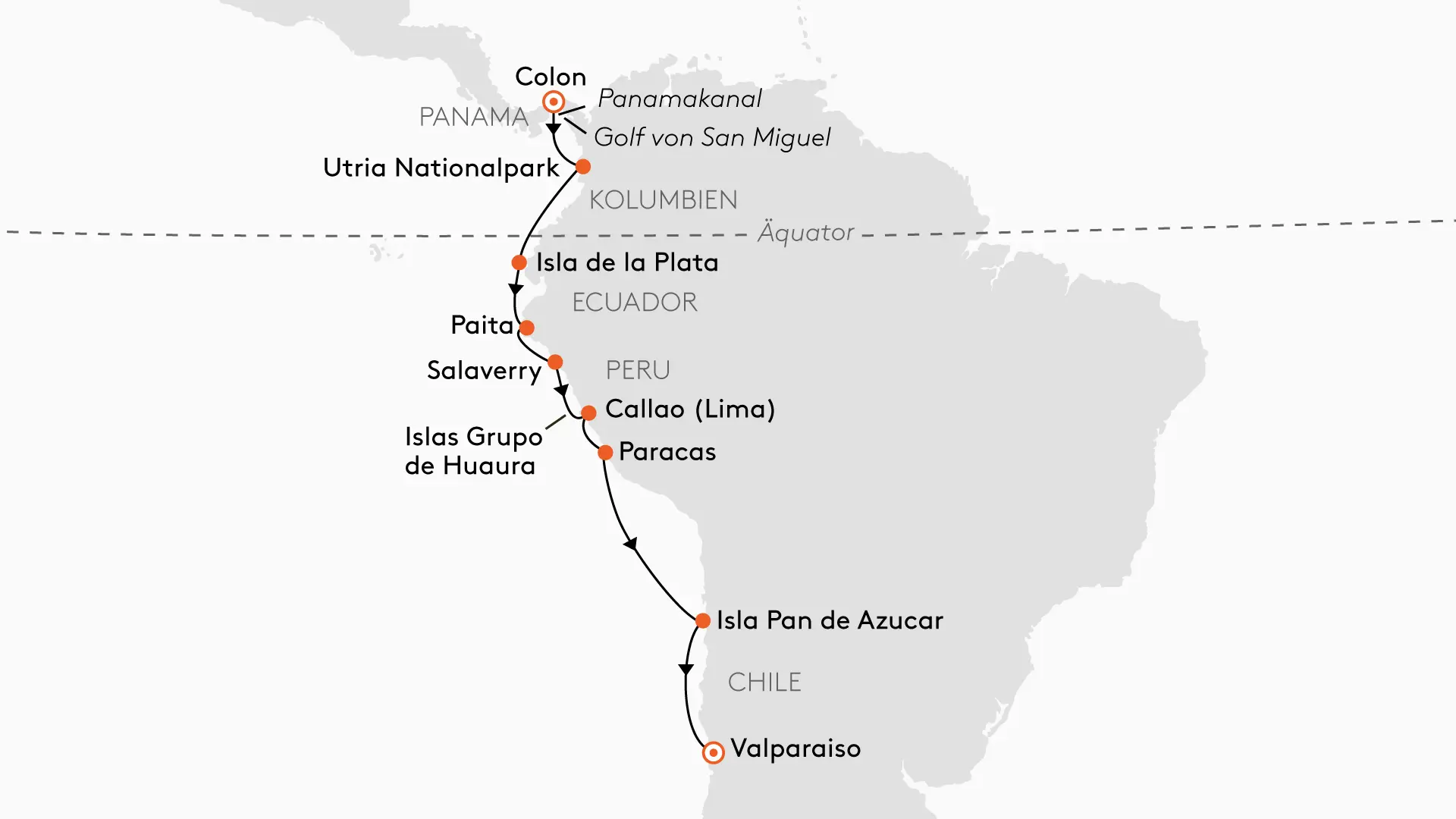 HANSEATIC inspiration INS2517 Tipp der Woche: 15% Ermigung (Silber-Tarif) - Expedition Sdamerika mit Panamakanal - von Colon nach Valparaiso - Routenbild