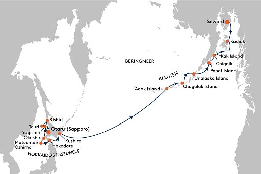 HANSEATIC nature NAT2311 Premiere: Hokkaido, Aleuten und Alaska - von Otrao nach Seward - Routenbild