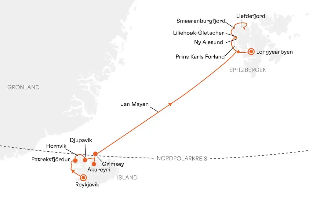 HANSEATIC nature NAT2613 30% Ermigung (SILBER-Tarif) - Expedition Island und Spitzbergen - Routenbild