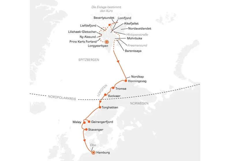 HANSEATIC nature NAT2619 15% Erm��igung (SILBER-Tarif) - Expedition Spitzbergen und Norwegen (Polarlicht-Abenteuer) - Routenbild