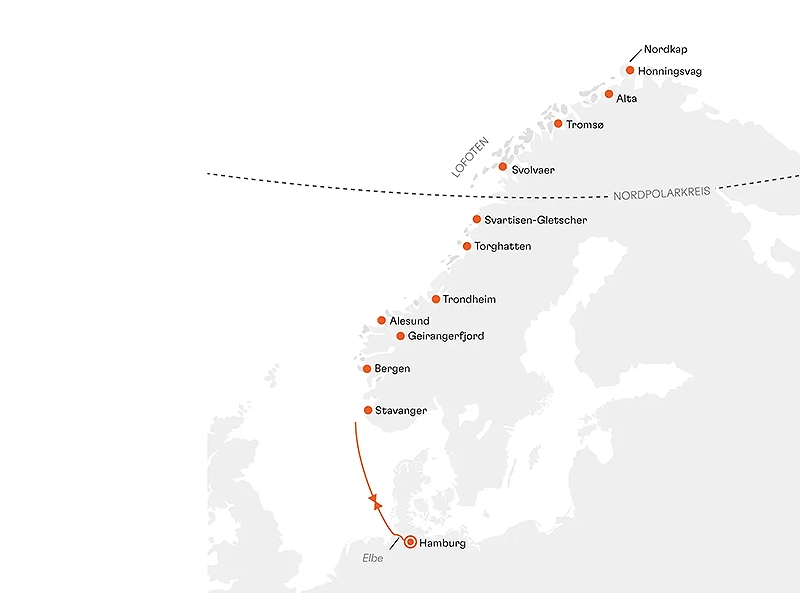 HANSEATIC nature NAT2622 15% Ermäßigung (SILBER-Tarif) - Polarlicht-Abenteuer Norwegen: Lichtspiel-Festival der Natur - Routenbild