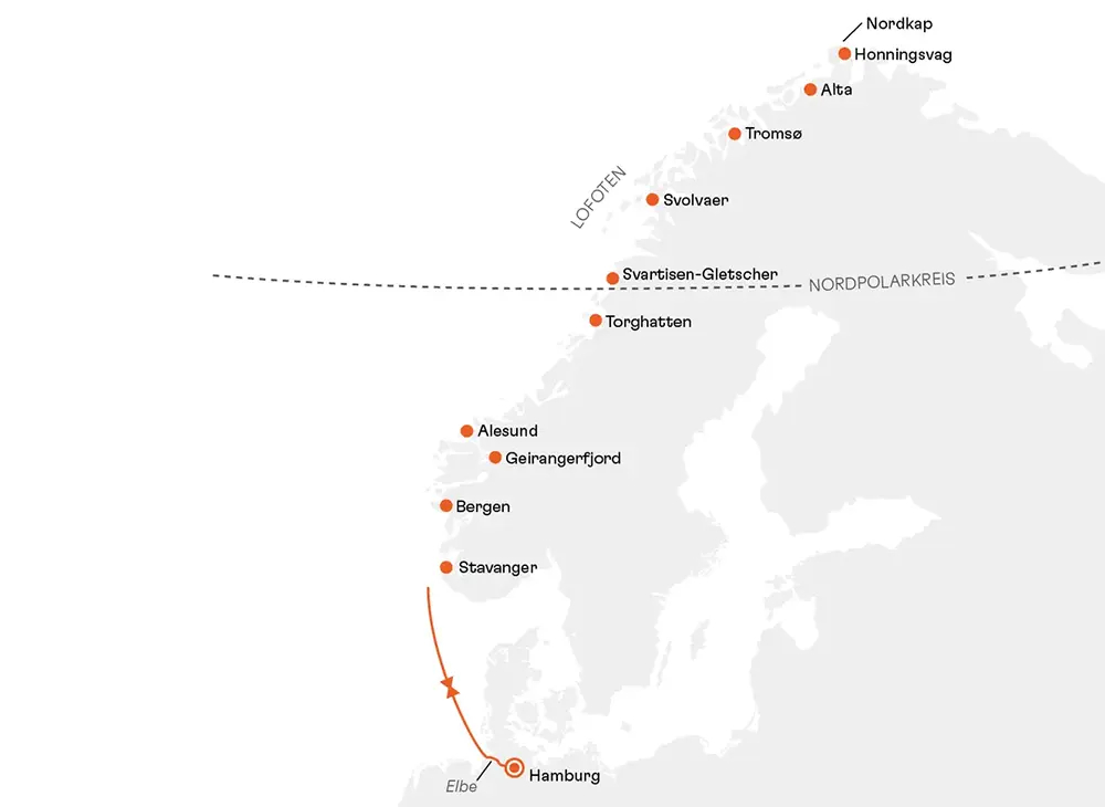 HANSEATIC nature NAT2705 15% Ermäßigung (SILBER-Tarif) - Polarlicht-Abenteuer Norwegen: Wo sich der Himmel entflammt - Routenbild