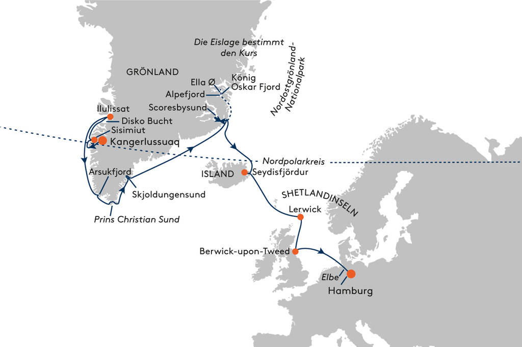 HANSEATIC spirit SPI2414 Expeditionhoch3 - Expedition West- und Ostgrnland (Fotoreise) - Routenbild