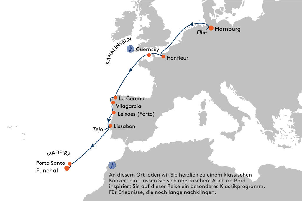 HANSEATIC spirit SPI2417 Expeditionhoch3 - Westeuropa mit Madeira (Musikreise) - Routenbild