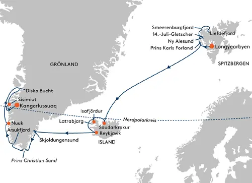 HANSEATIC spirit SPI2515 Tipp der Woche: 20% Ermigung: Expedition Spitzbergen, Island und Grnland - von Longyearbyen nach Kangerlussuaq - Routenbild