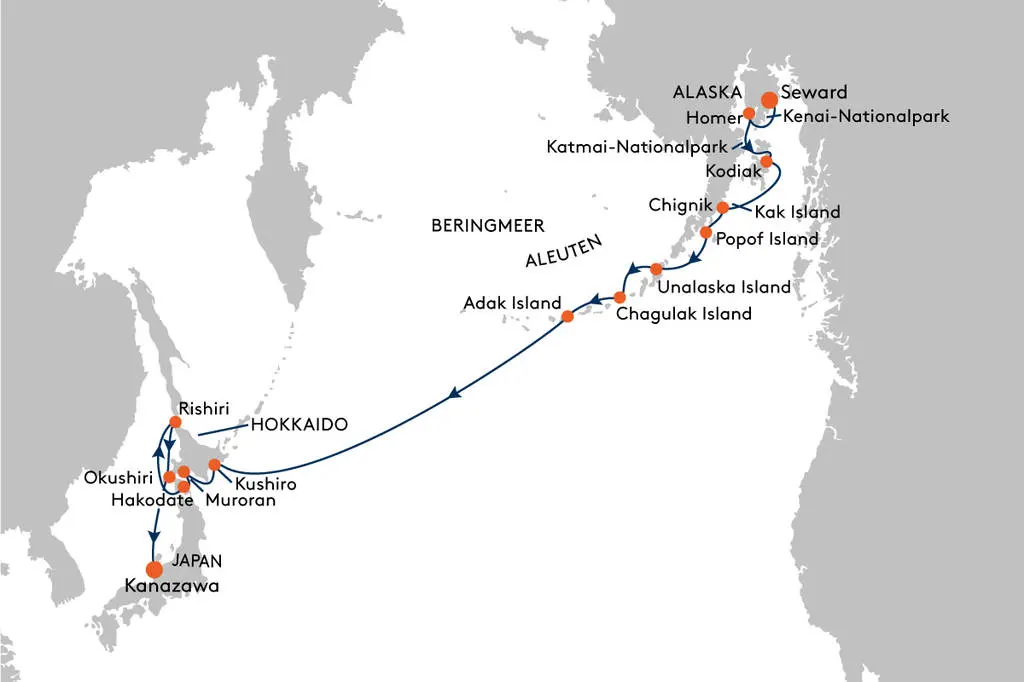 HANSEATIC spirit SPI2518 3% Ermigung - Pazifischer Feuerring: Alaska, Aleuten und Hokkaido - Routenbild