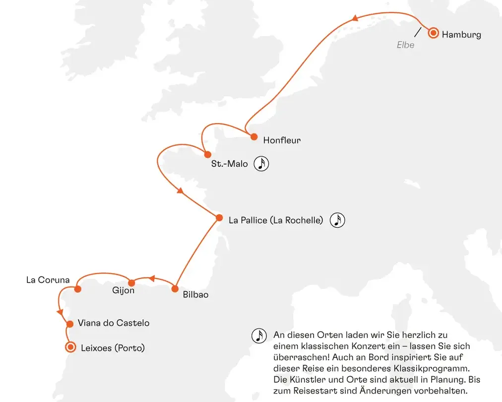 HANSEATIC spirit SPI2620 20% Erm��igung (SILBER-Tarif) - Westeuropa (Musikreise): Ein Medley der Meisterwerke von Mensch und Natur - Routenbild