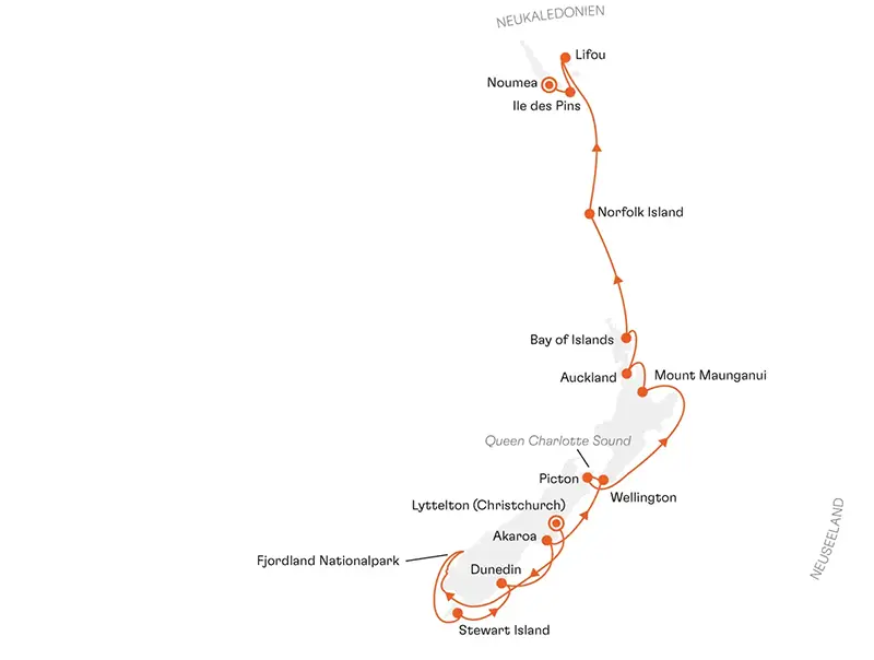 HANSEATIC spirit SPI2703 20% Ermäßigung (SILBER-Tarif) - Neuseeland und Neukaledonien: Die Kraft der Natur in neuer Dimension - Routenbild