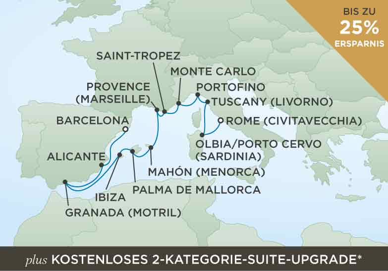 Seven Seas Mariner VOY240822 2 Kat. Suite Upgrade - 12 Nächte Spanien, Frankreich, Italien - Routenbild